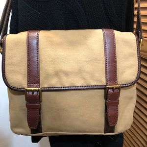 Tan and Brown Canvas Fossil Messenger Bag